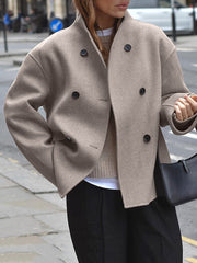 Buttoned Long Sleeves Loose Stand Collar Woolen Coat