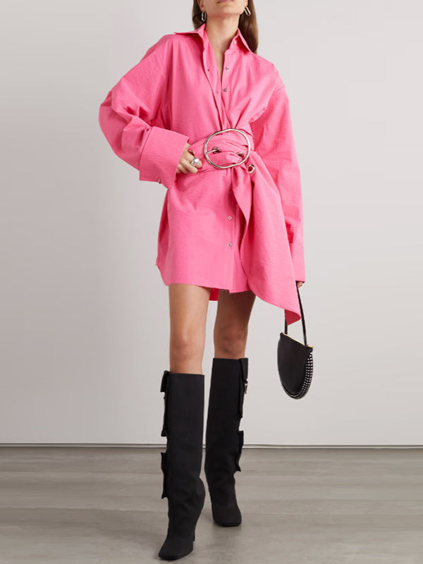Belted Buttoned Long Sleeves Loose Lapel Shirt Dress Mini Dresses