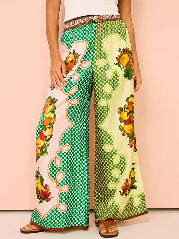 Contrast Color Floral Printed Loose Short Sleeves Lapel Shirt Top&Pants Two Pieces Set