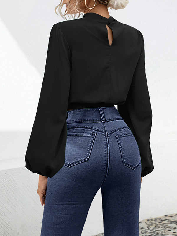 Elasticity Hollow Knot Pleated Ruffled Long Sleeves Puff Sleeves Mock Neck Blouses&Shirts Tops