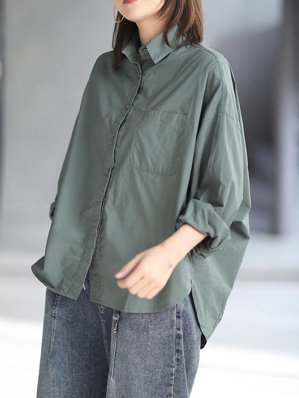 Solid Color High-low Long Sleeves Lapel Blouses&shirts Tops