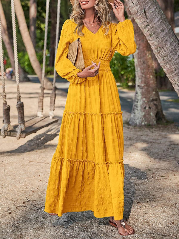 Elasticity Solid Color Split-Joint A-Line Long Sleeves V-Neck Maxi Dresses