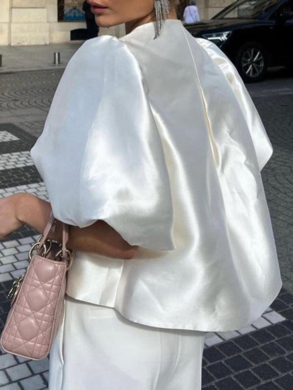 Hollow Solid Color Split-Joint Loose Puff Sleeves Round-neck Blouses