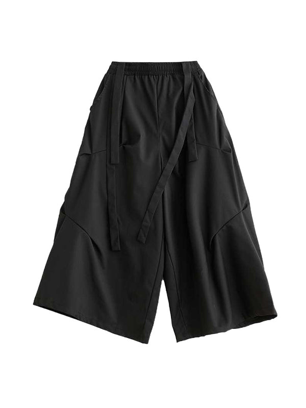 Elasticity Pleated Pockets Solid Color High Waisted Loose Trousers Pants
