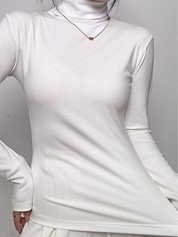 Solid Color Long Sleeves Skinny High Neck T-Shirts Tops