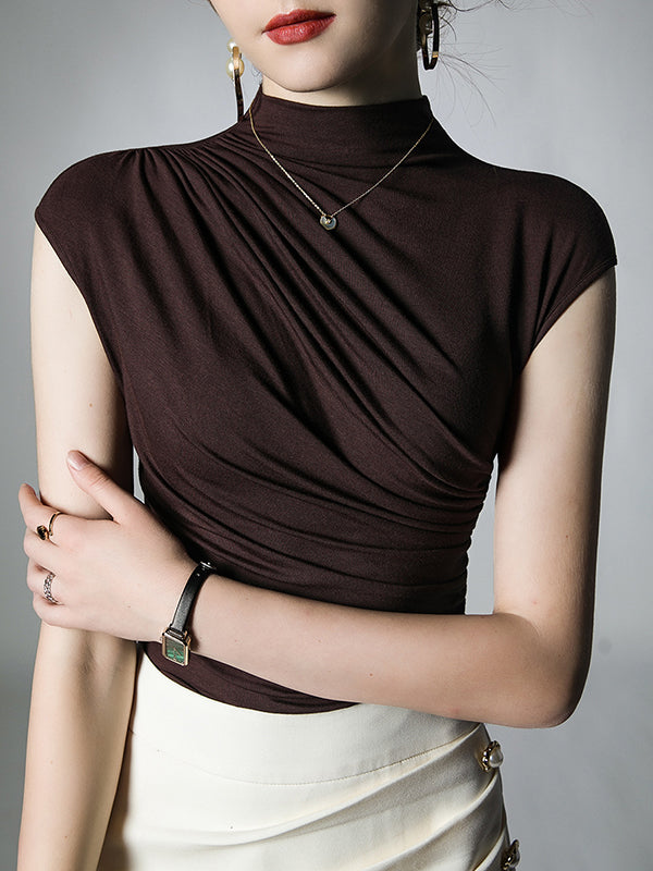 Pleated Solid Color Skinny Mock Neck T-Shirts Tops
