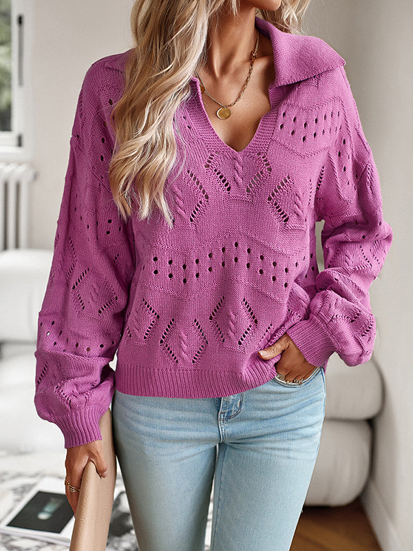 Hollow Solid Color Long Sleeves Loose Lapel Sweater Tops Pullovers