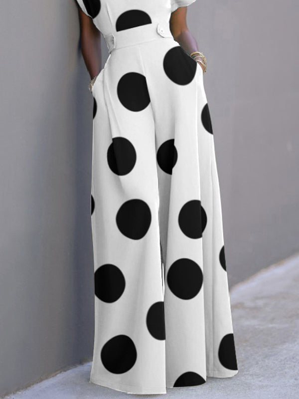 Polka-Dot Short Sleeves Wide Leg V-Neck Jumpsuits