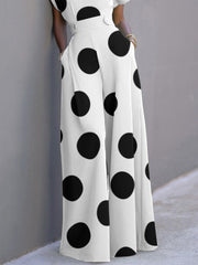 Polka-Dot Short Sleeves Wide Leg V-Neck Jumpsuits