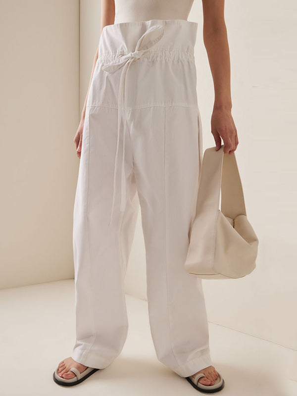 Drawstring Pockets Ruffled Solid Color Split-Joint Tied Waist High Waisted Loose Trousers Pants