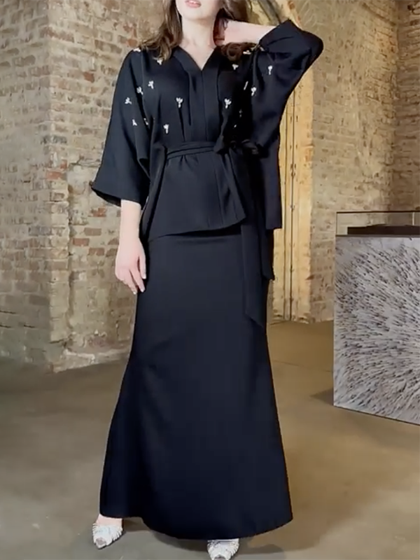 Solid Color Tied Waist V-Neck Blouses & Bodycon Skirts Suits