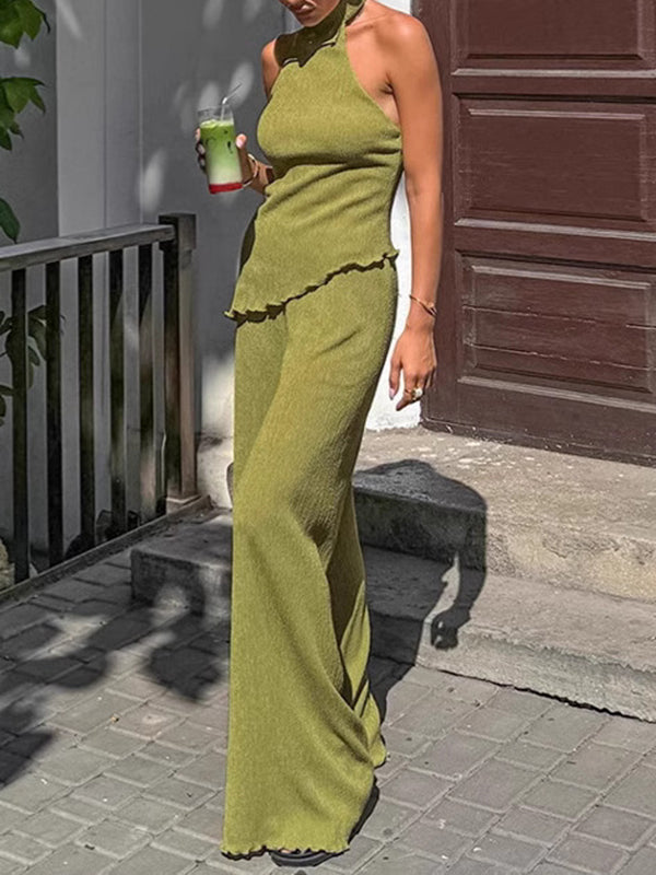 Solid Color Loose Pleated Halter-Neck Vest Top + High Waisted Pants Bottom Two Pieces Set