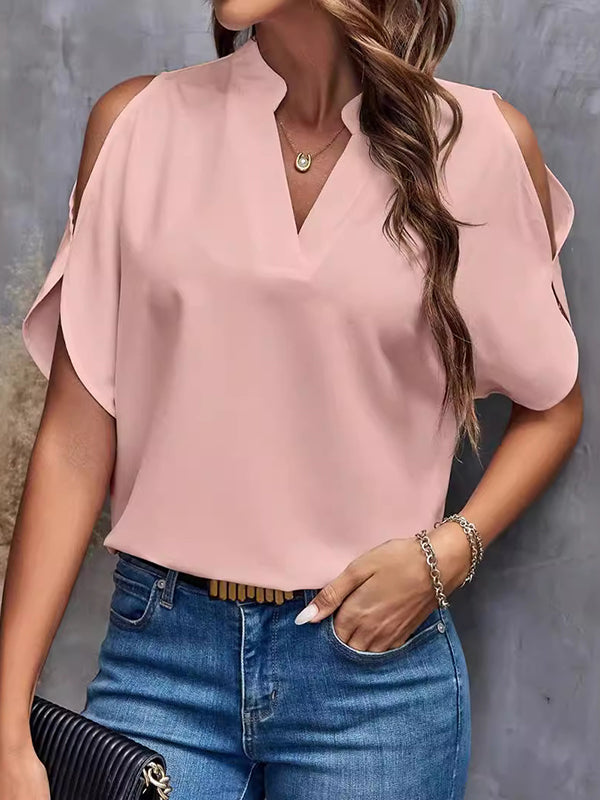 Hollow Solid Color Half Sleeves Loose Cold shoulder T-Shirts Tops