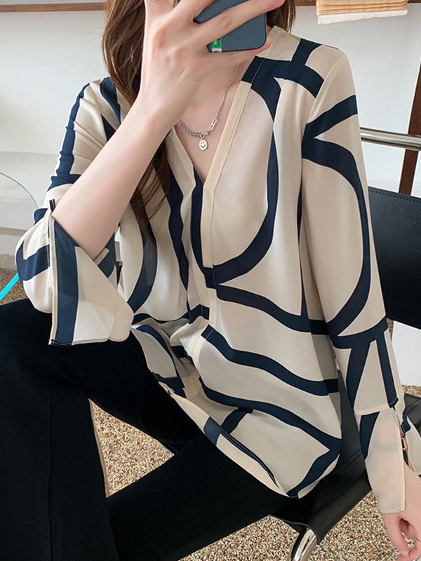 Printed Split-Side Long Sleeves Loose V-Neck Blouses&Shirts Tops