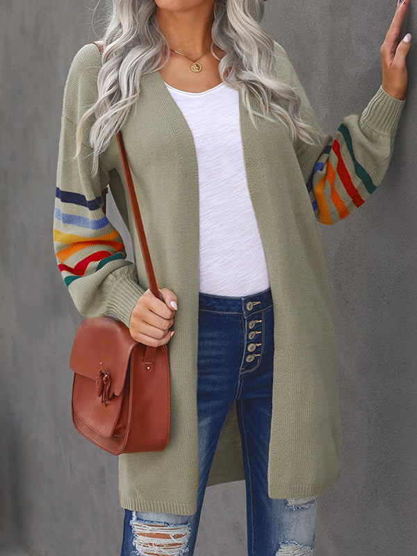 Colorful Contrast Color Striped Long Sleeves Loose Collarless Cardigan Tops