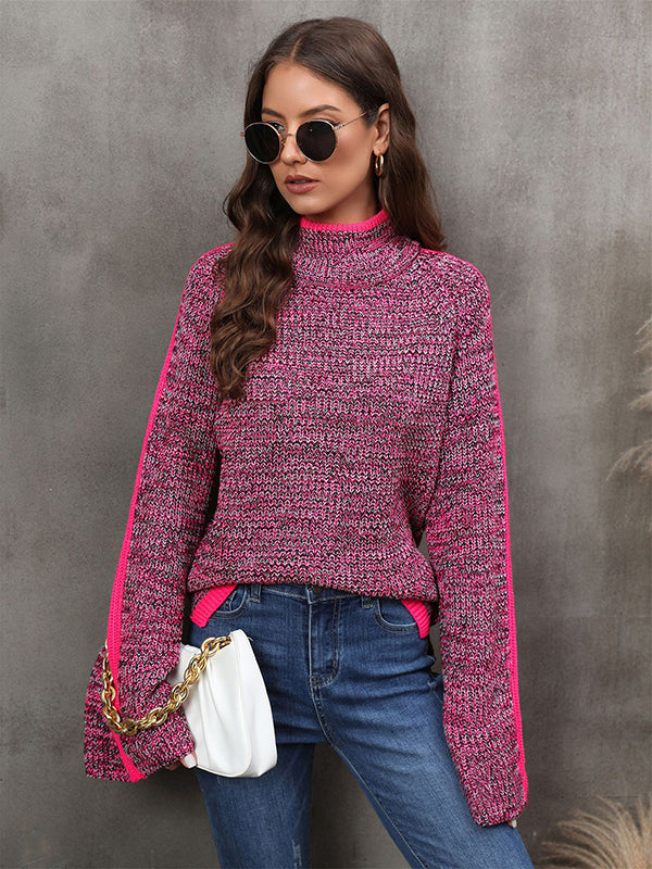 Casual Long Sleeves Loose Contrast Color Half Turtleneck Sweater Tops