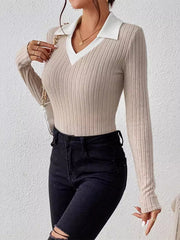 Comfort Contrast Color Long Sleeves Skinny V-neck T-shirts