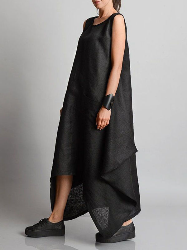 Irregular Clipping Sleeveless Solid Color Round-Neck Maxi Dresses