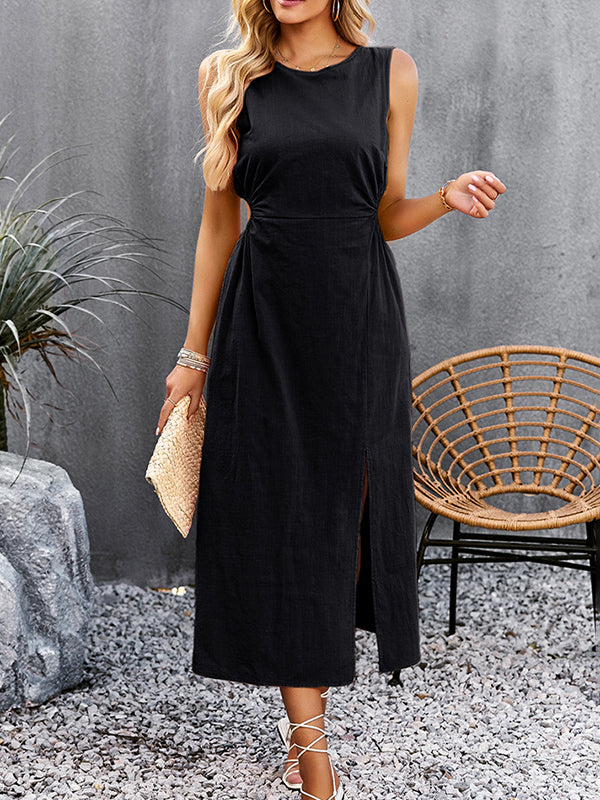 Hollow Solid Color Split-side Sleeveless Round-neck Midi Dresses