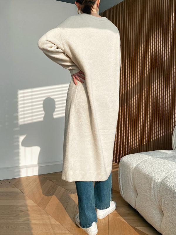 Loose Split-Side Solid Color Round-Neck Knitting Sweater Dresses