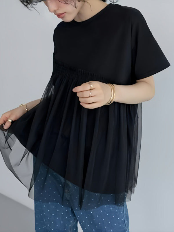 Asymmetric Mesh Split-Joint Loose Short Sleeves Round-Neck T-Shirts Tops