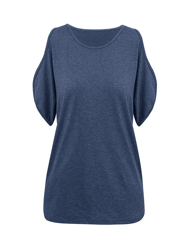 Hollow Solid Color Loose Short Sleeves Cold Shoulder T-Shirts Tops