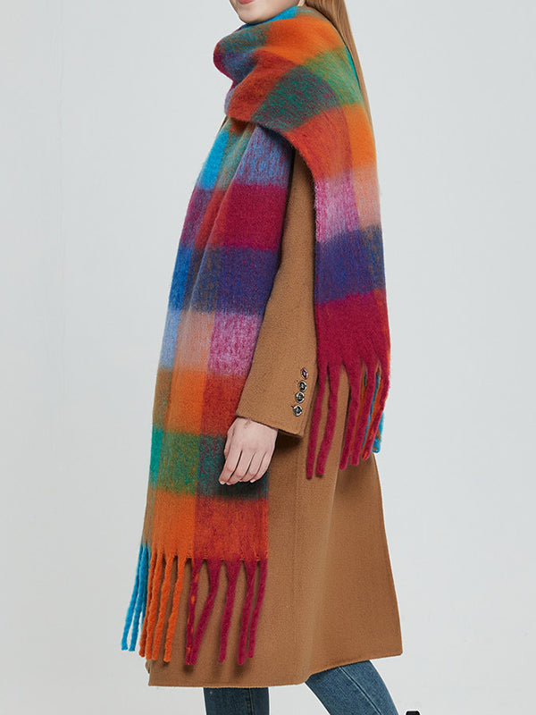Keep Warm Multi-Colored Plaid Tasseled Thick Shawl&Scarf
