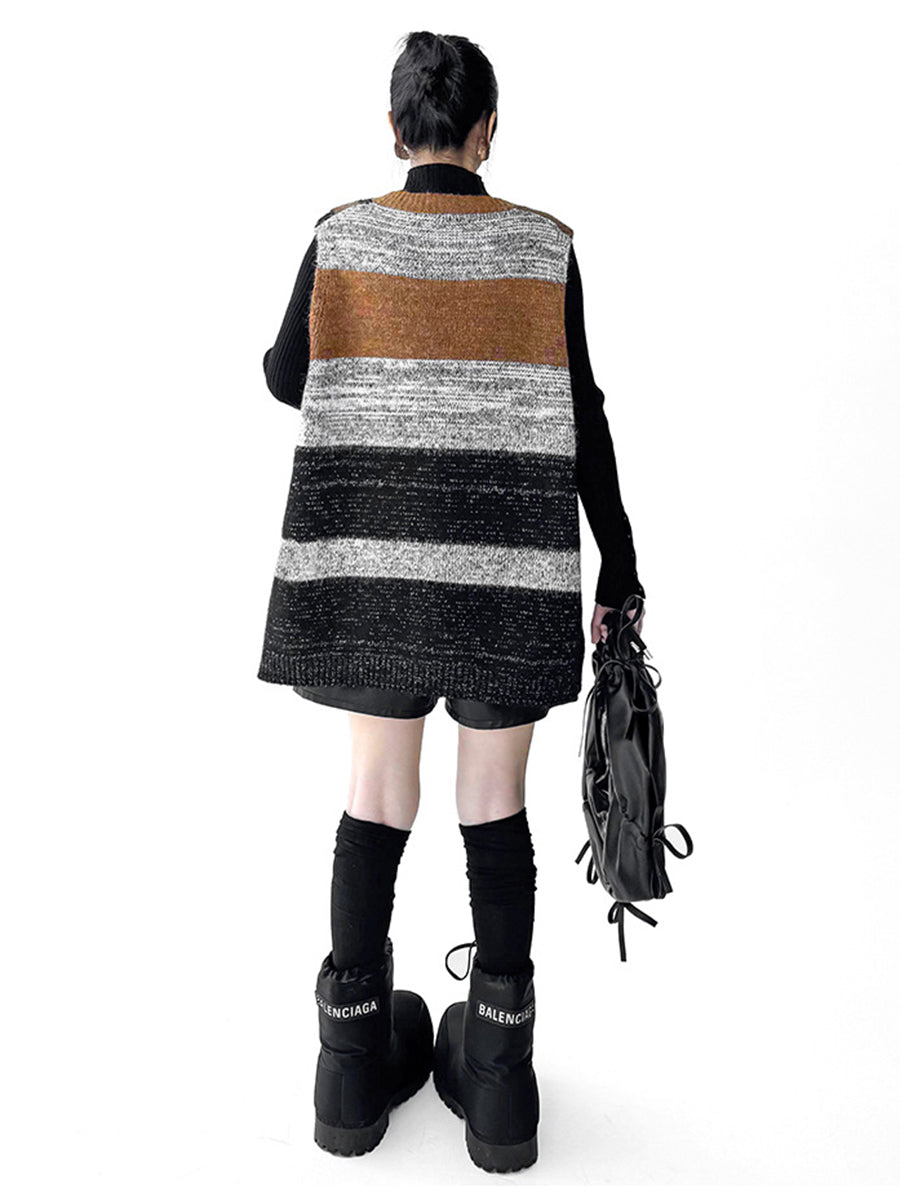 Contrast Color Geometric Split-Joint Striped Loose Sleeveless V-Neck Vest Top Outerwear