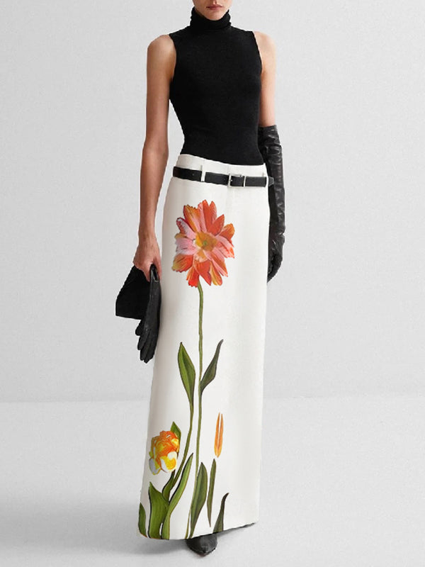 Flower Print H-line Skirts Bottoms