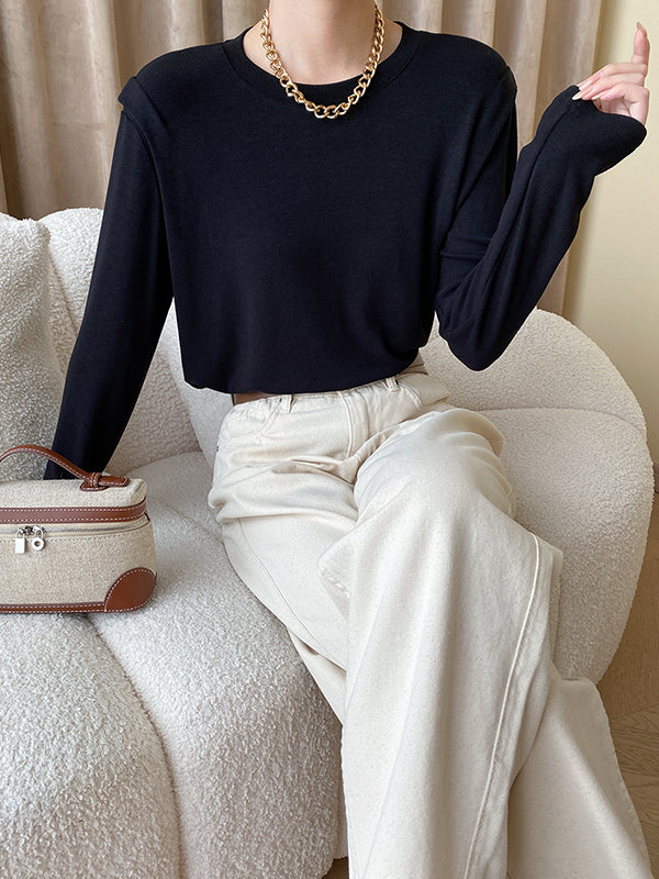 Solid Color Split-Joint Long Sleeves Round-Neck T-Shirts Tops
