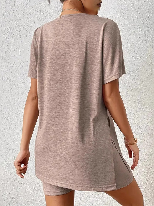 Solid Color Split-Joint Split-side Loose Raglan Sleeve Round-neck Pajama Sets