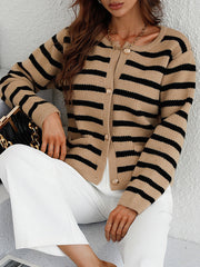 Buttoned Pockets Striped Long Sleeves Loose Round-Neck Cardigan Tops