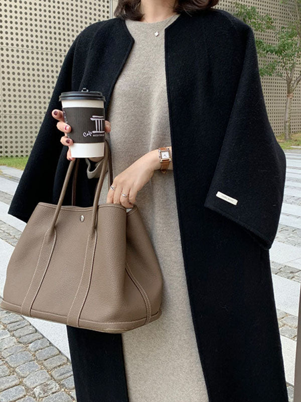 Solid Color Long Sleeves Loose Collarless Woolen Coat
