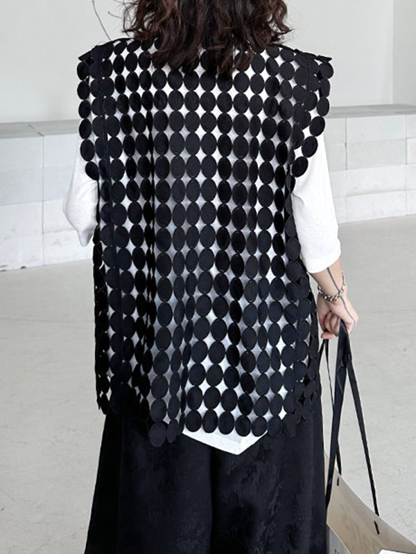 Hollow Solid Color Split-Joint Irregular Clipping Loose Round-Neck Vest Top