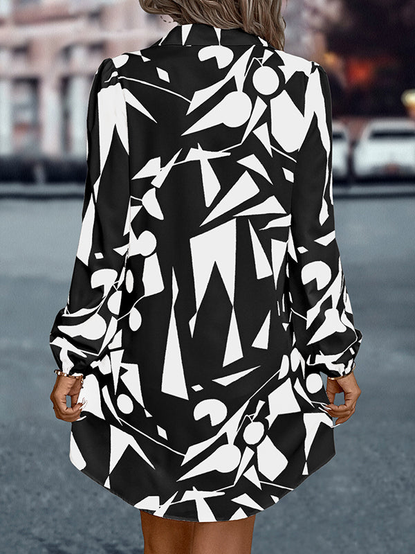 Printed Split-Joint Loose Puff Sleeves Lapel Shirt Dress Mini Dresses