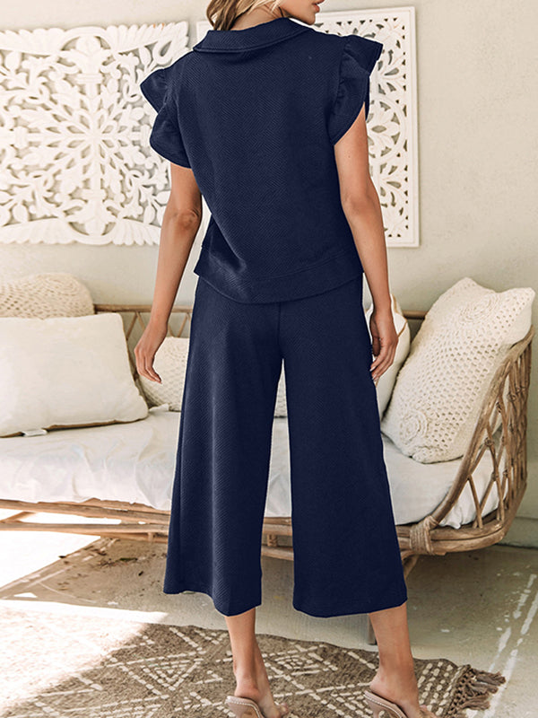 Solid Color Zipper Loose Ruffle Sleeves Split-Joint Lapel T-shirt Top + Drawstring Pockets Pants Bottom Two Pieces Set