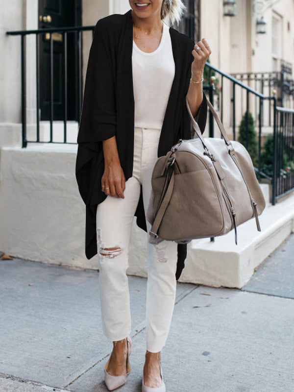 Solid Color Batwing Sleeves Loose Collarless Cardigan Tops
