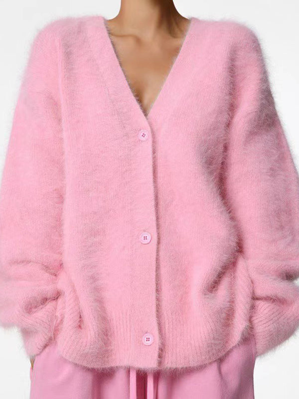 Buttoned Solid Color Long Sleeves Loose V-Neck Cardigan Tops