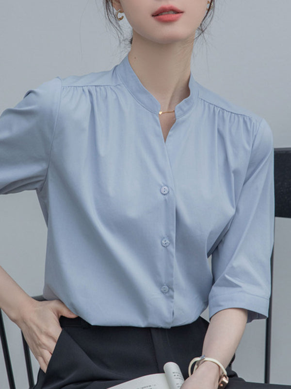 Buttoned Pleated Solid Color Split-Joint Half Sleeves Loose Stand Collar Blouses&Shirts Tops