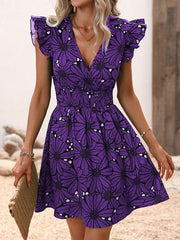 Elasticity Flower Print A-Line Loose V-Neck Mini Dresses
