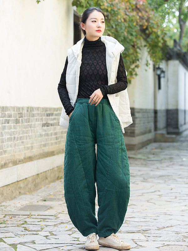 Casual Loose Keep Warm Quilted Solid Color Padded Bloomers Pants