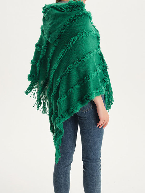 Hooded Keep Warm Solid Color Tasseled Shawl&Cloak Cape
