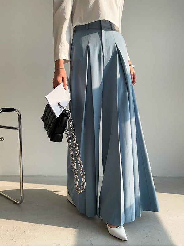 Pleated Solid Color High Waisted Wide Leg Trousers Casual Pants Bottoms