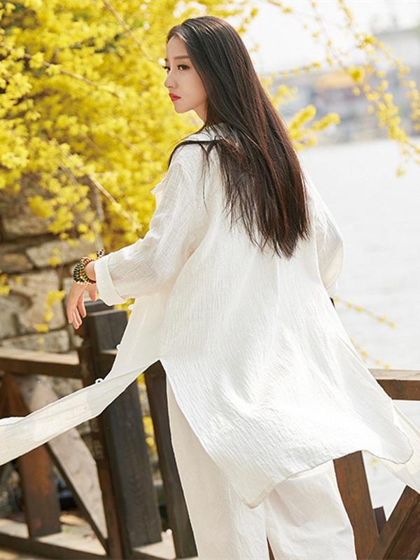 Soft White Frog Ramie Cotton Linen Outwear Cardigan
