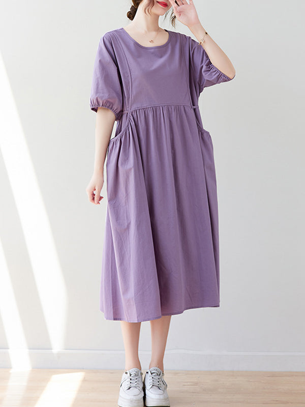 Casual Half Sleeves Loose Elasticity Split-Joint Solid Color Midi Dresses