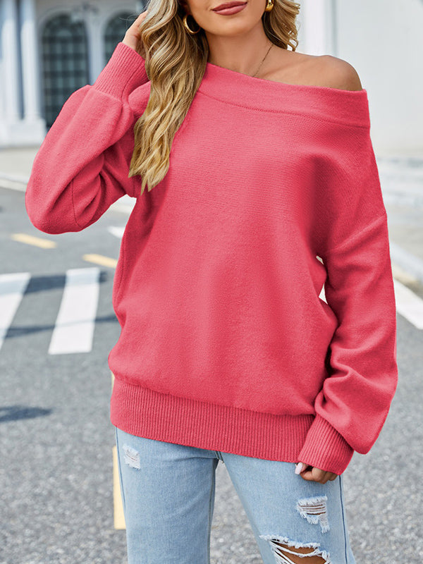 Solid Color Velvet Long Sleeves Loose Off-The-Shoulder Sweater Tops Pullovers