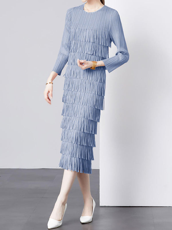 Pleated Solid Color Split-Joint Tasseled Long Sleeves Loose Round-Neck Midi Dresses
