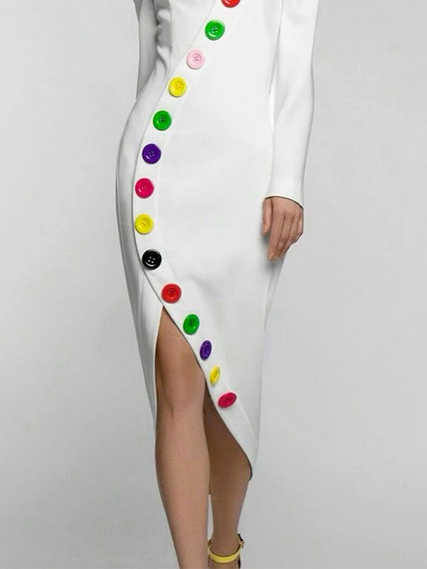 Buttoned Contrast Color Long Sleeves High Neck Midi Dresses