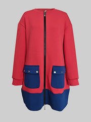 Long Sleeves Loose Contrast Color Pockets Split-Joint Zipper Round-Neck Midi Dresses