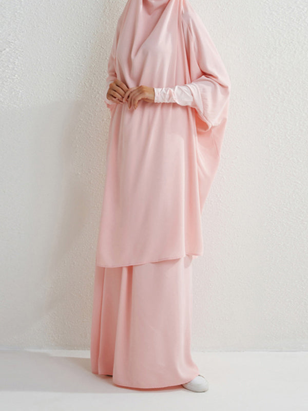 Solid Color Batwing Sleeves Long Sleeves Muslim High Neck Shirts Top + Skirts Bottom Two Pieces Set